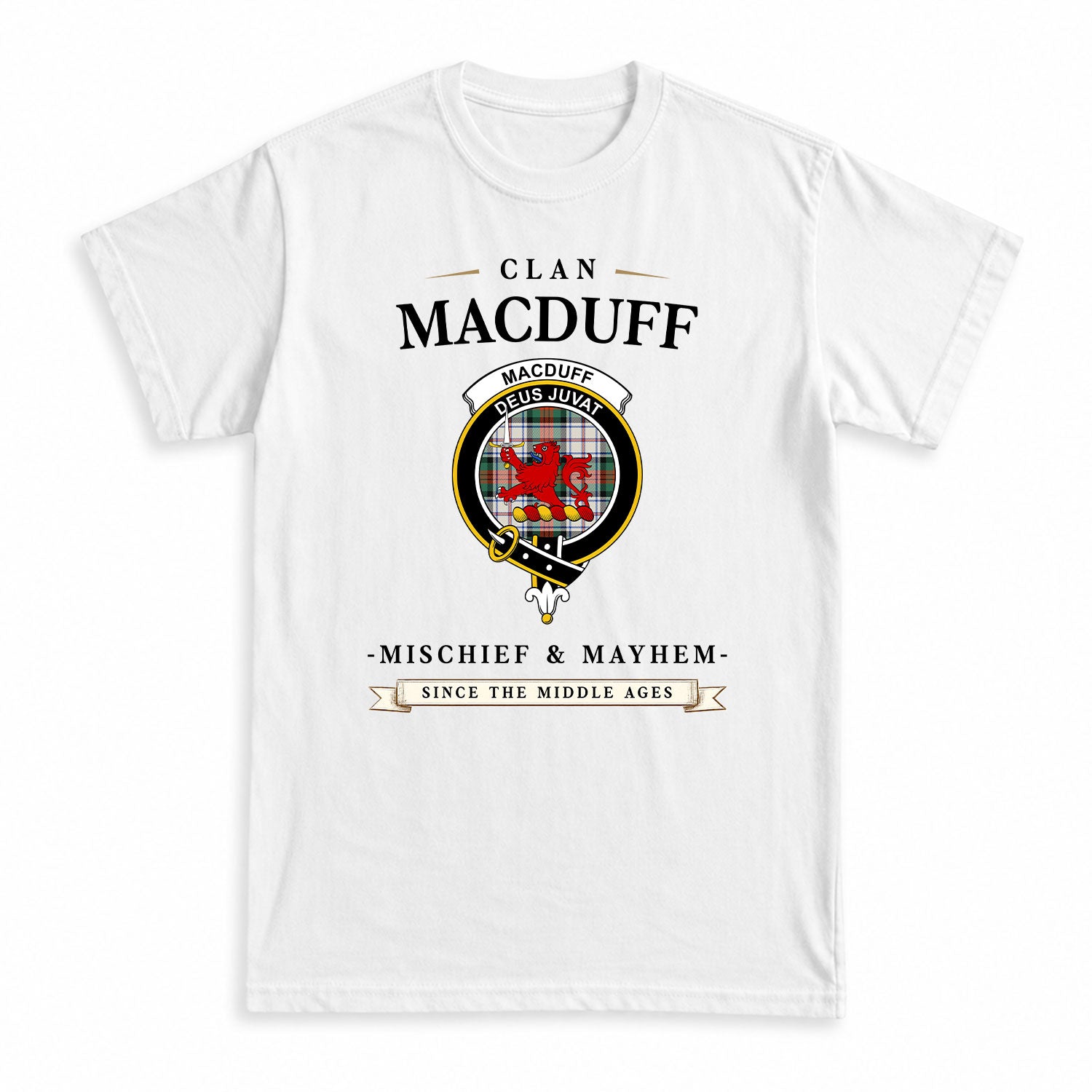 MacDuff Dress Ancient Tartan Crest Mischief and Mayhem T-shirt