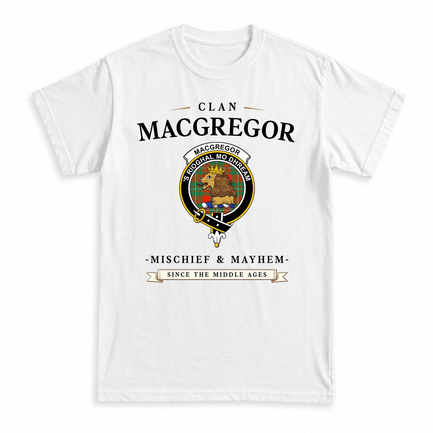 MacGregor Ancient Tartan Crest Mischief and Mayhem T-shirt