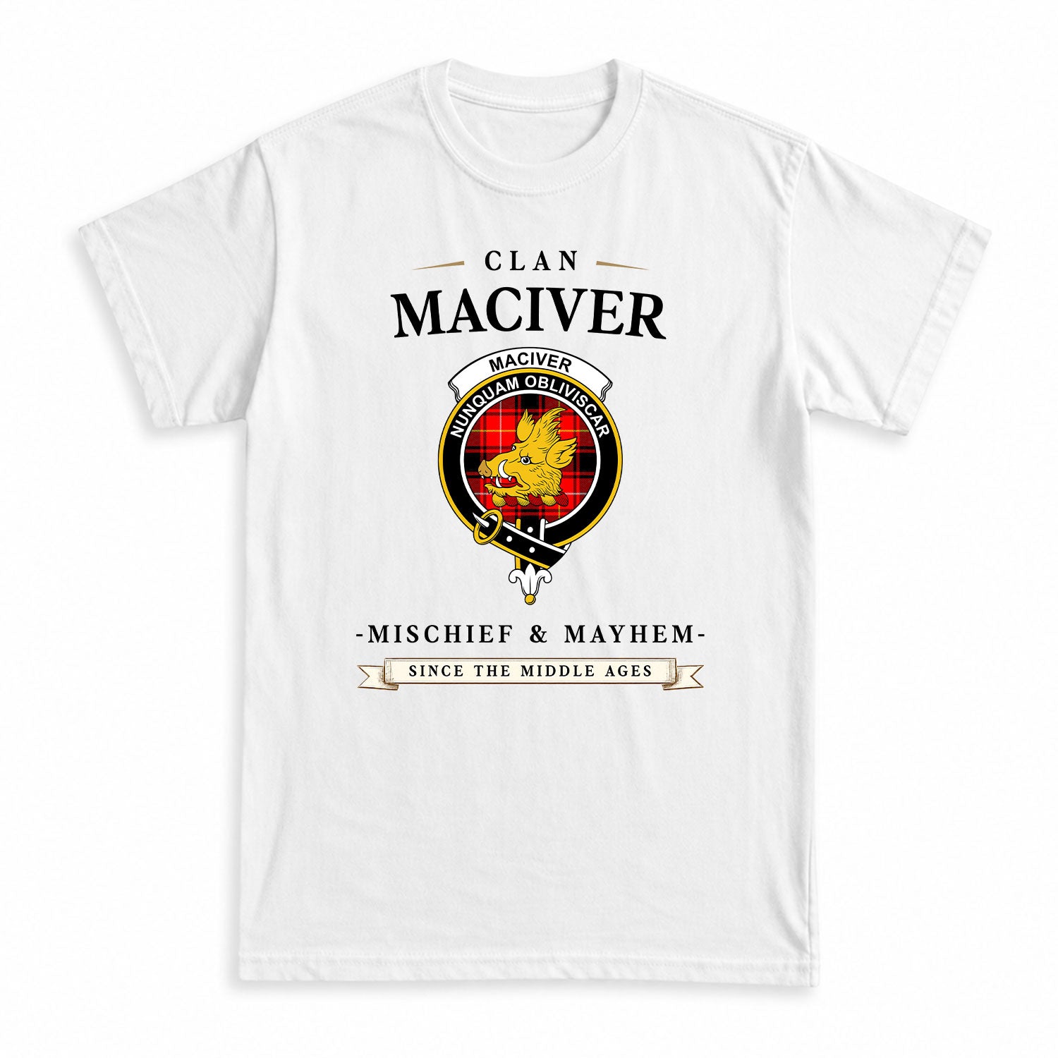 MacIver Modern Tartan Crest Mischief and Mayhem T-shirt
