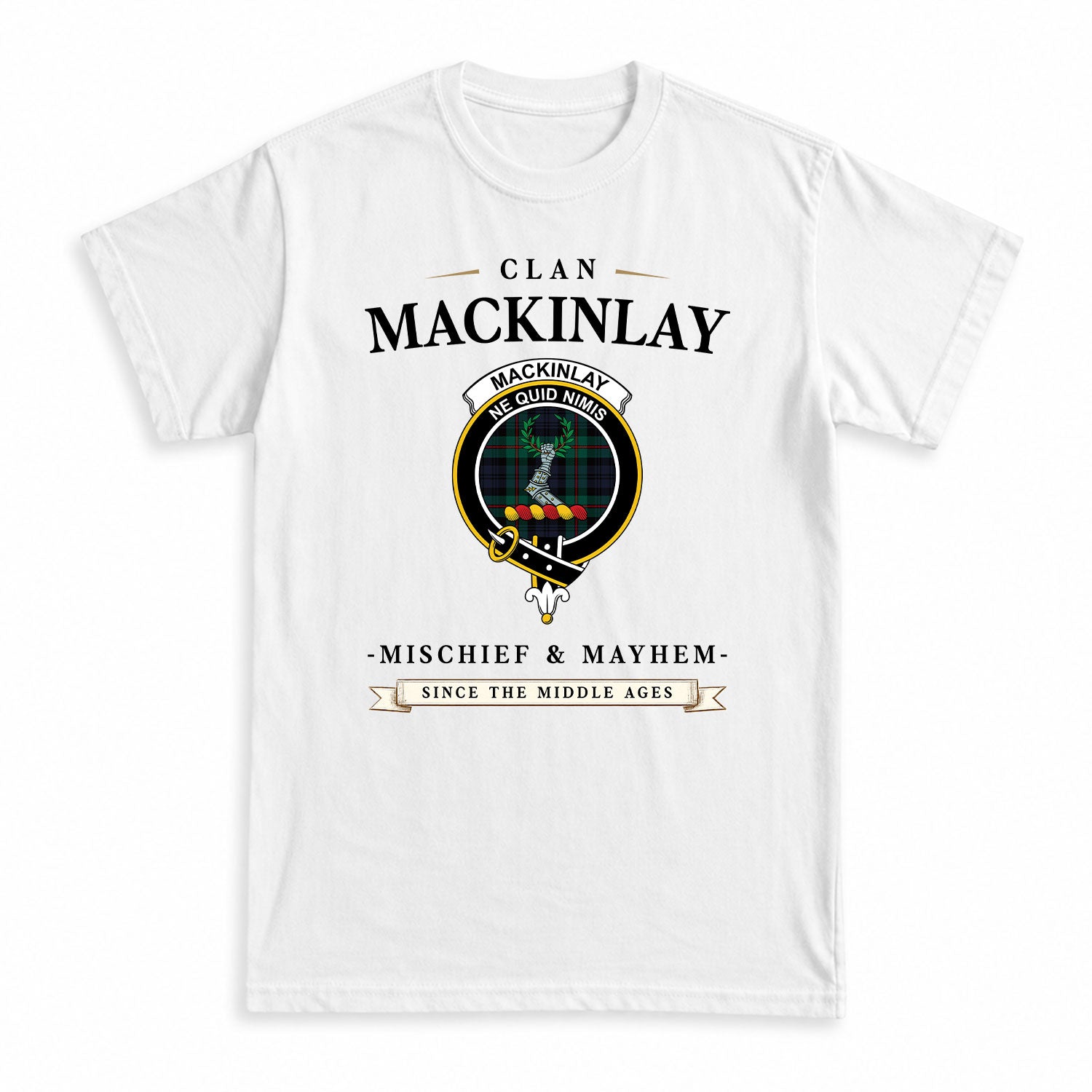 MacKinlay Modern Tartan Crest Mischief and Mayhem T-shirt