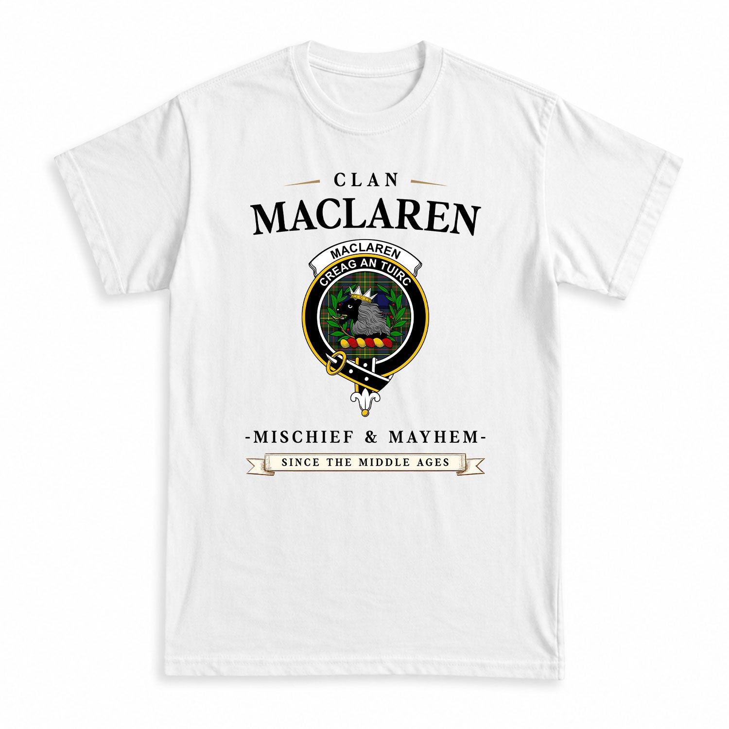 MacLaren Modern Tartan Crest Mischief and Mayhem T-shirt