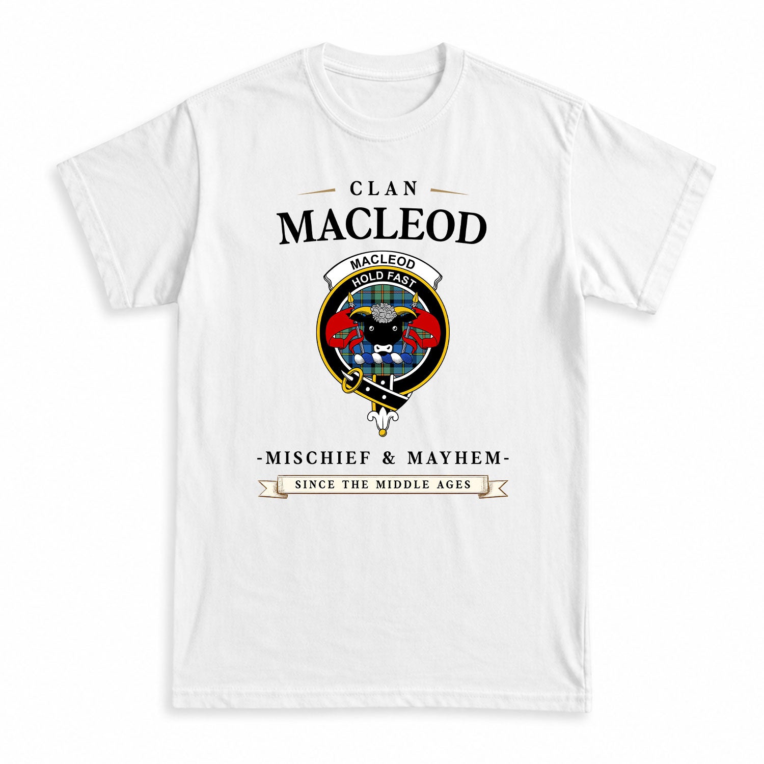 MacLeod of Harris Ancient Tartan Crest Mischief and Mayhem T-shirt
