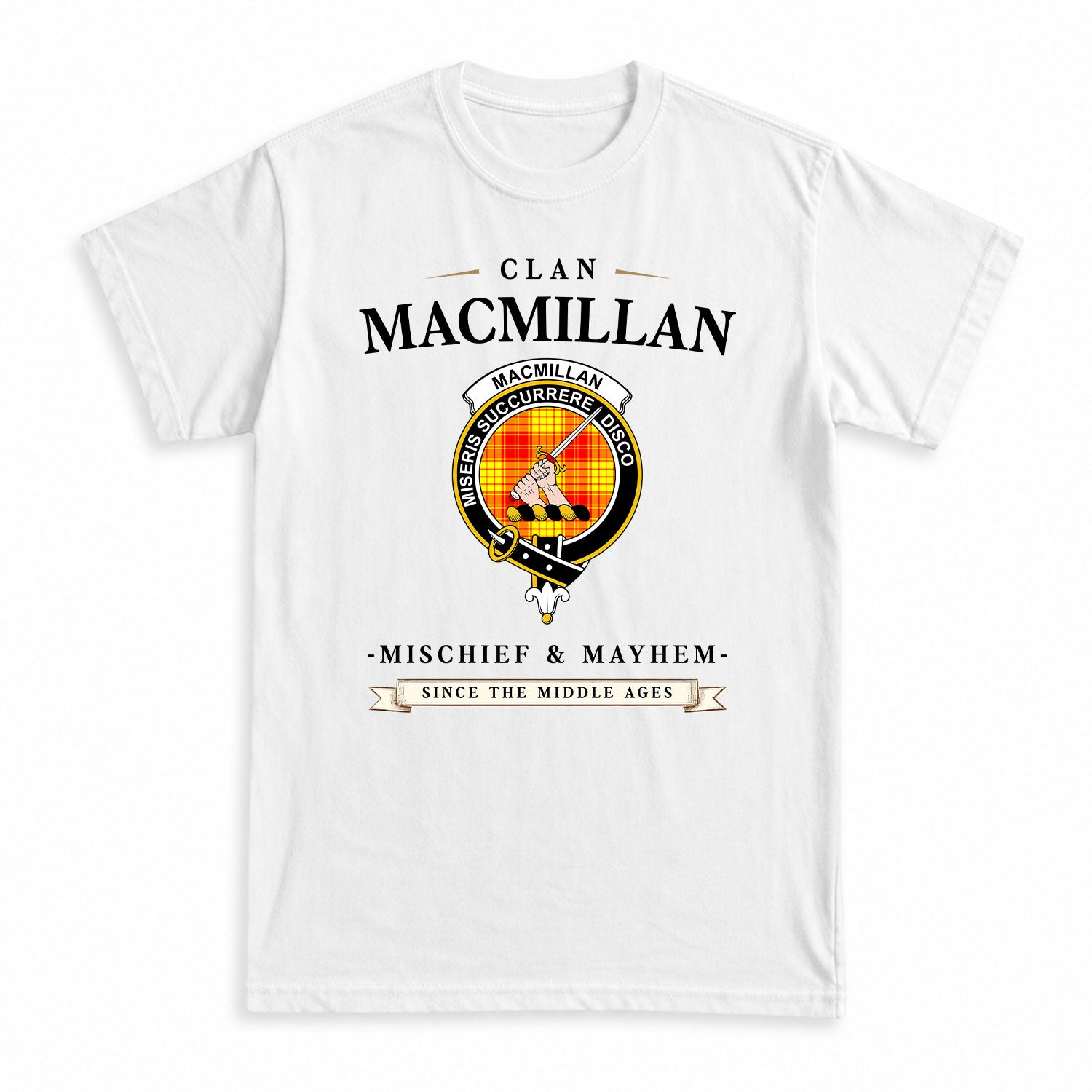 MacMillan Clan Tartan Crest Mischief and Mayhem T-shirt