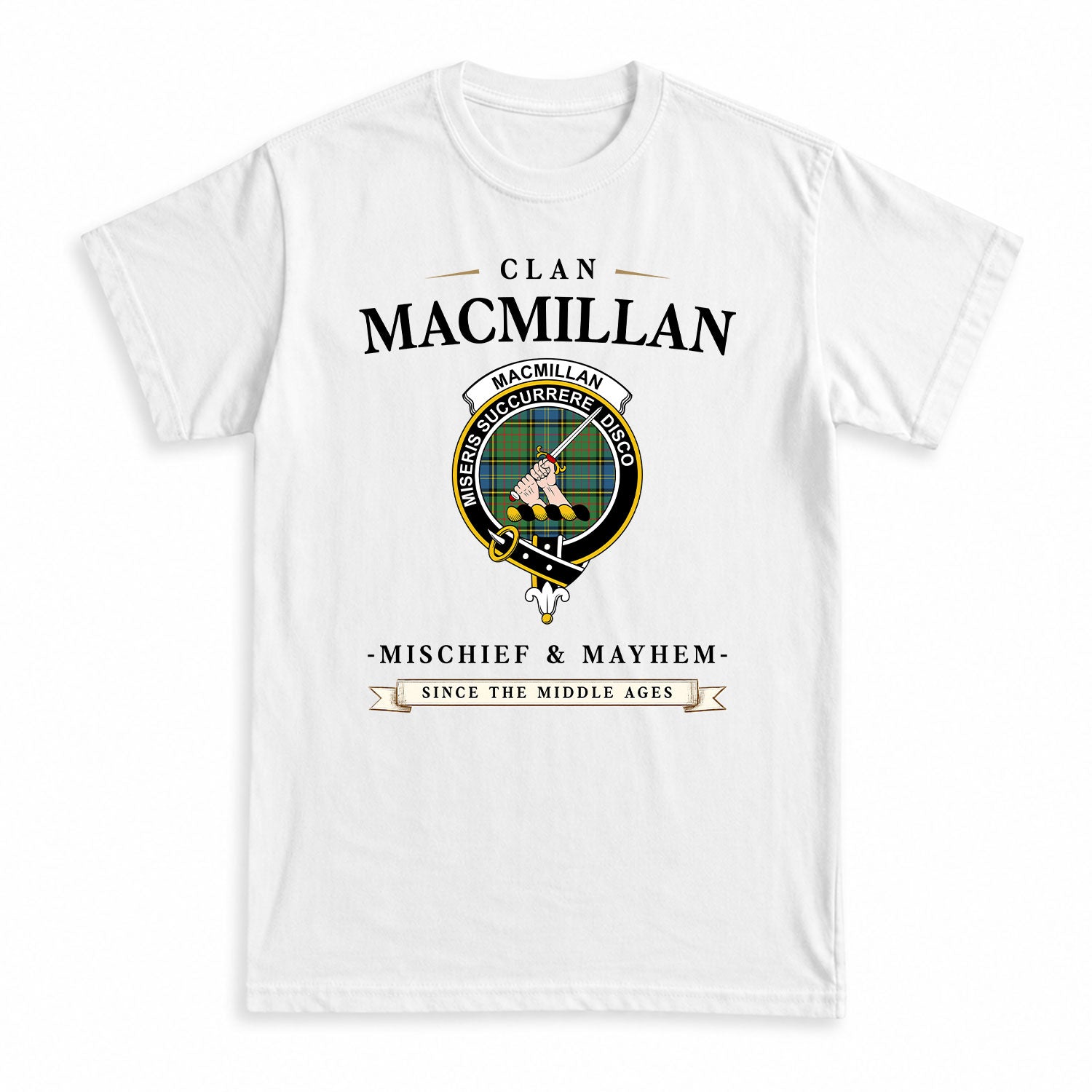 MacMillan Hunting Ancient Tartan Crest Mischief and Mayhem T-shirt