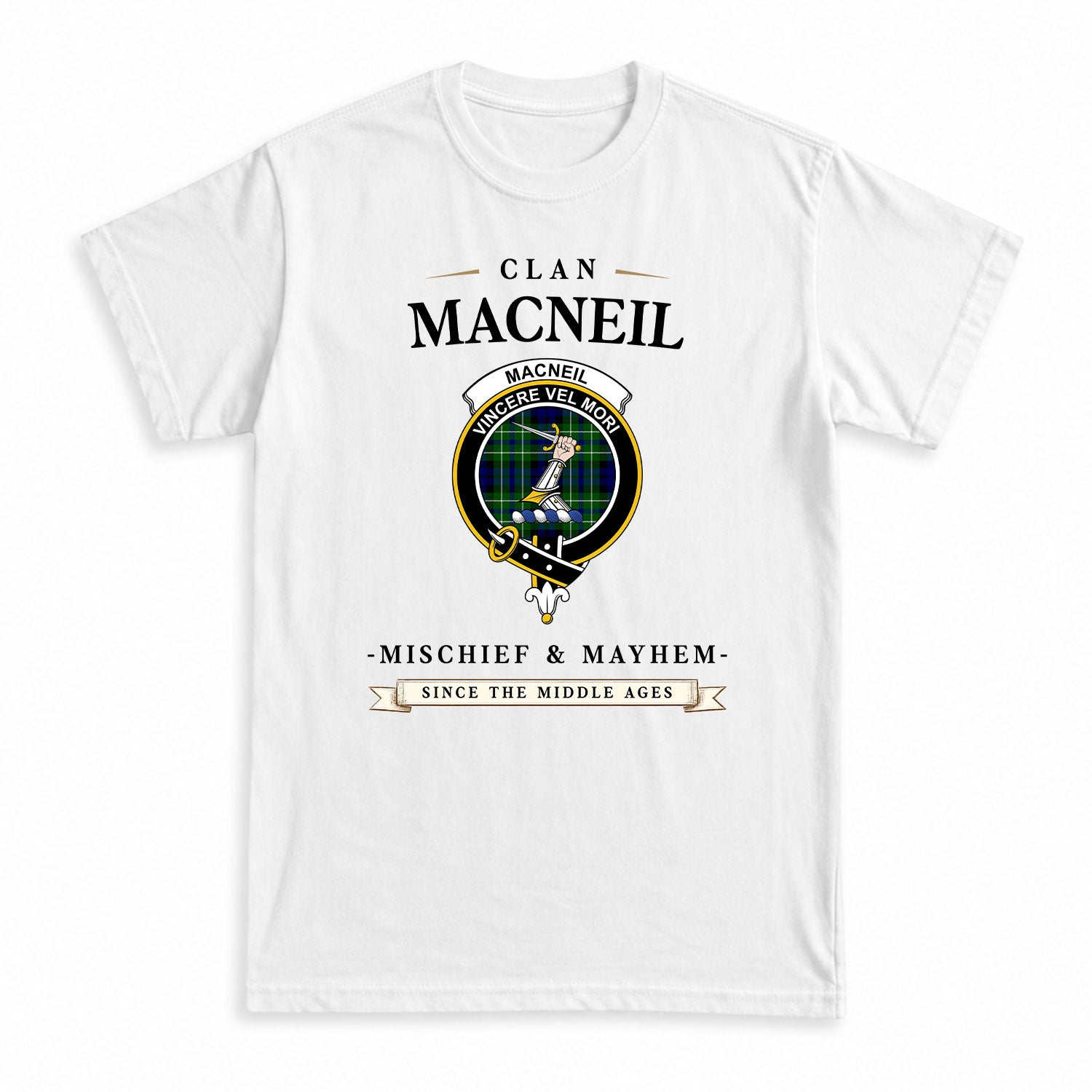 MacNeil of Colonsay Modern Tartan Crest Mischief and Mayhem T-shirt