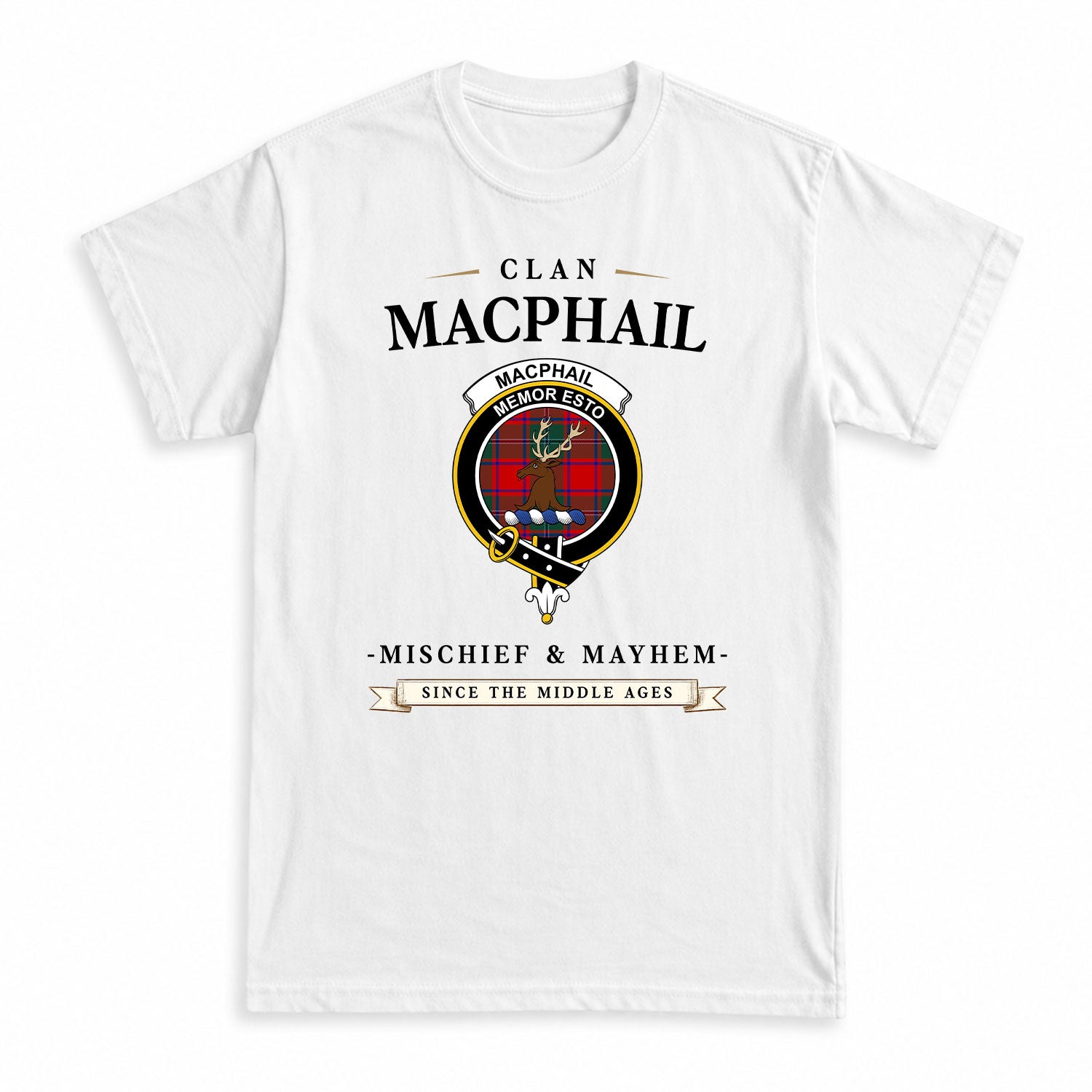 MacPhail Clan Tartan Crest Mischief and Mayhem T-shirt