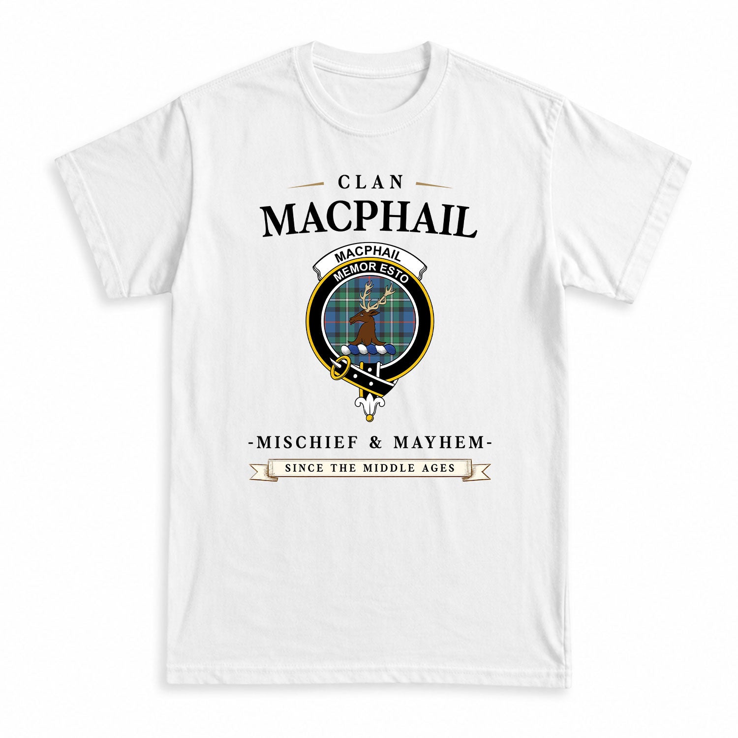MacPhail Hunting Ancient Tartan Crest Mischief and Mayhem T-shirt