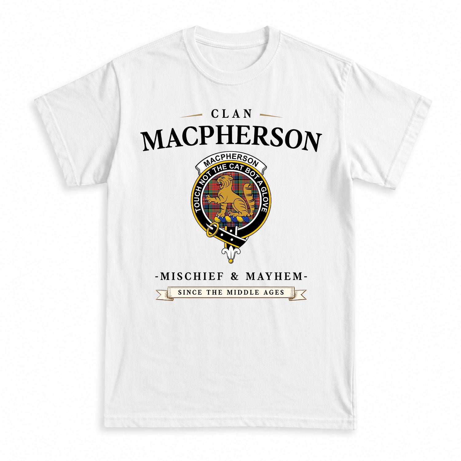 MacPherson Ancient Tartan Crest Mischief and Mayhem T-shirt