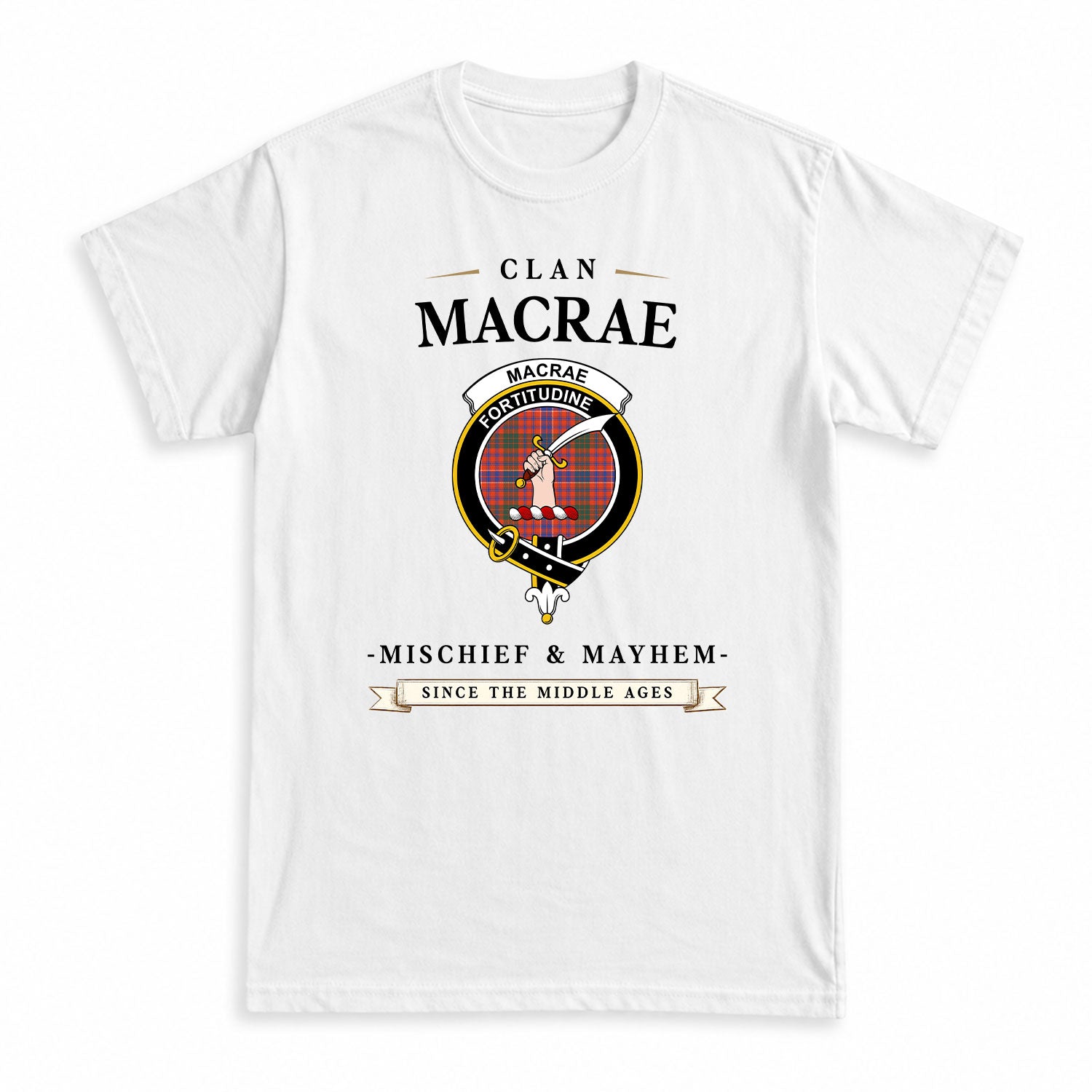MacRae Ancient Tartan Crest Mischief and Mayhem T-shirt