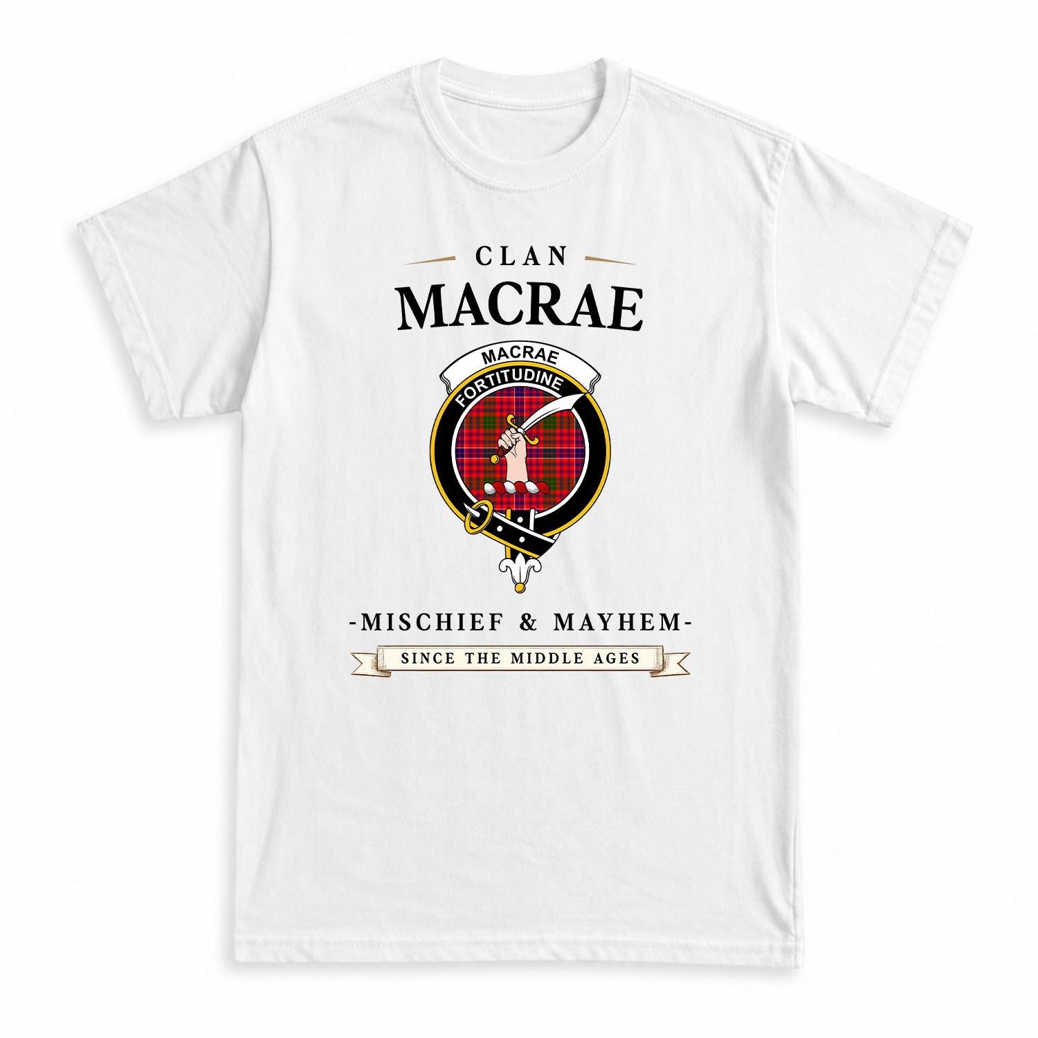 MacRae Modern Tartan Crest Mischief and Mayhem T-shirt