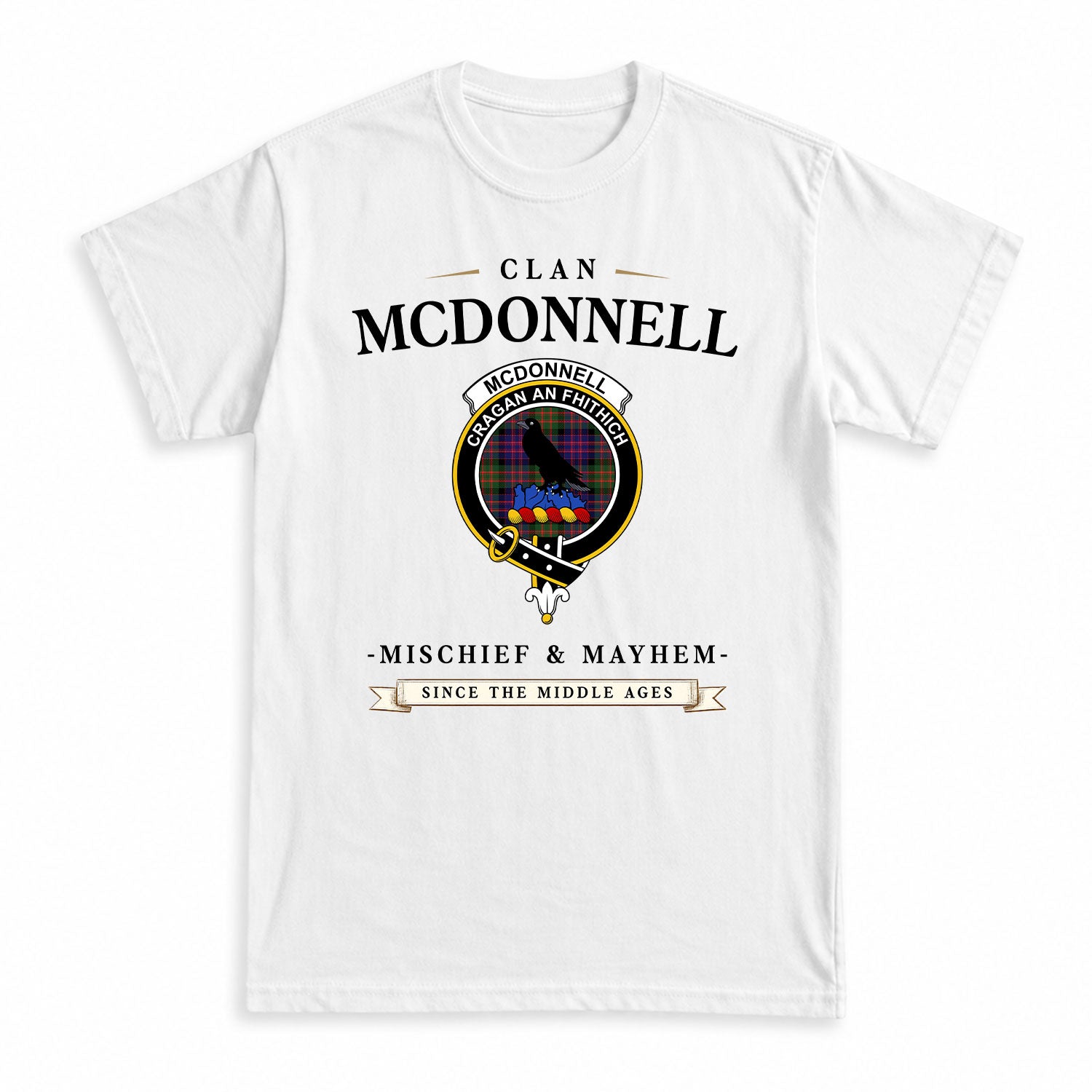 McDonnell of Glengarry Modern Tartan Crest Mischief and Mayhem T-shirt