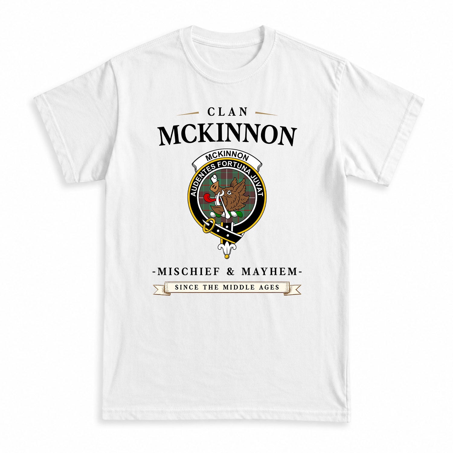 McKinnon Hunting Ancient Tartan Crest Mischief and Mayhem T-shirt