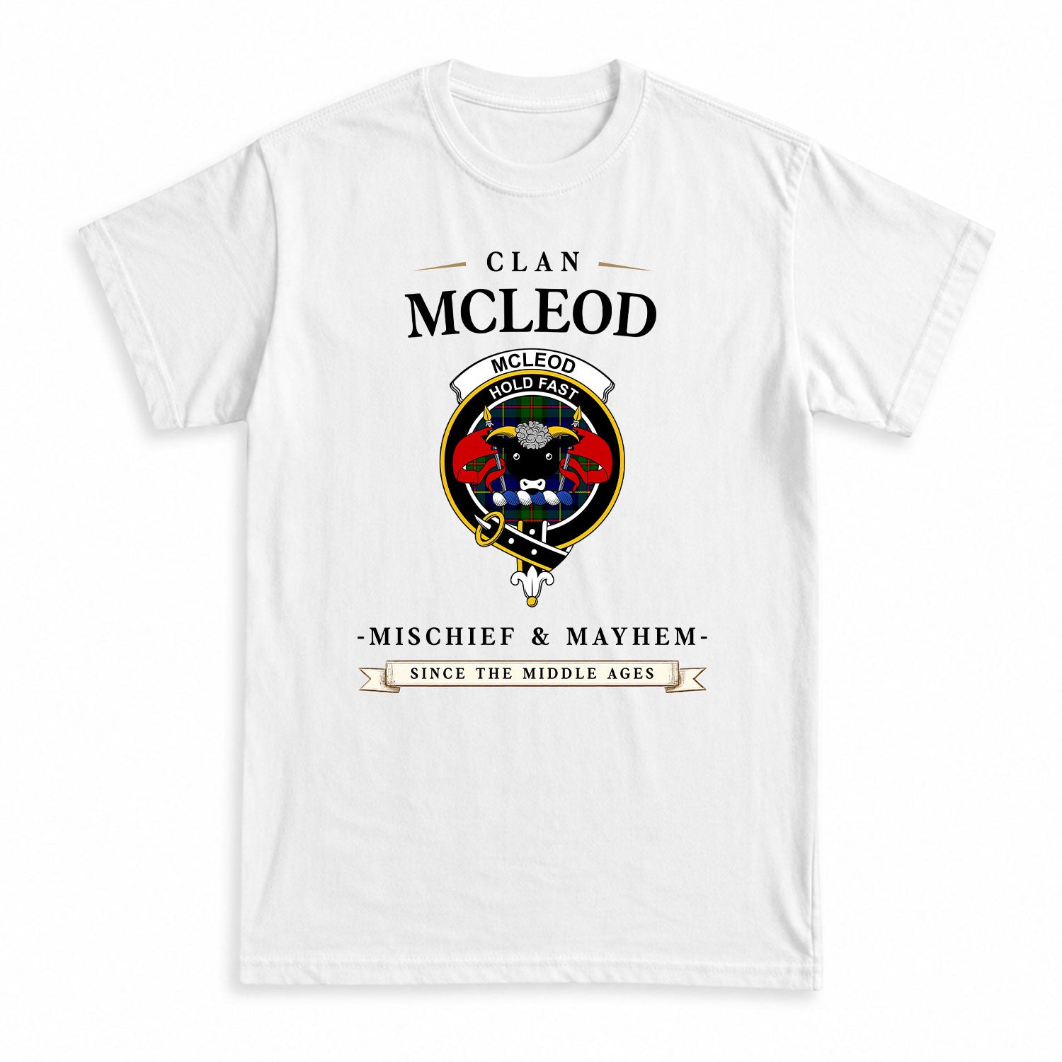 McLeod of Harris Modern Tartan Crest Mischief and Mayhem T-shirt