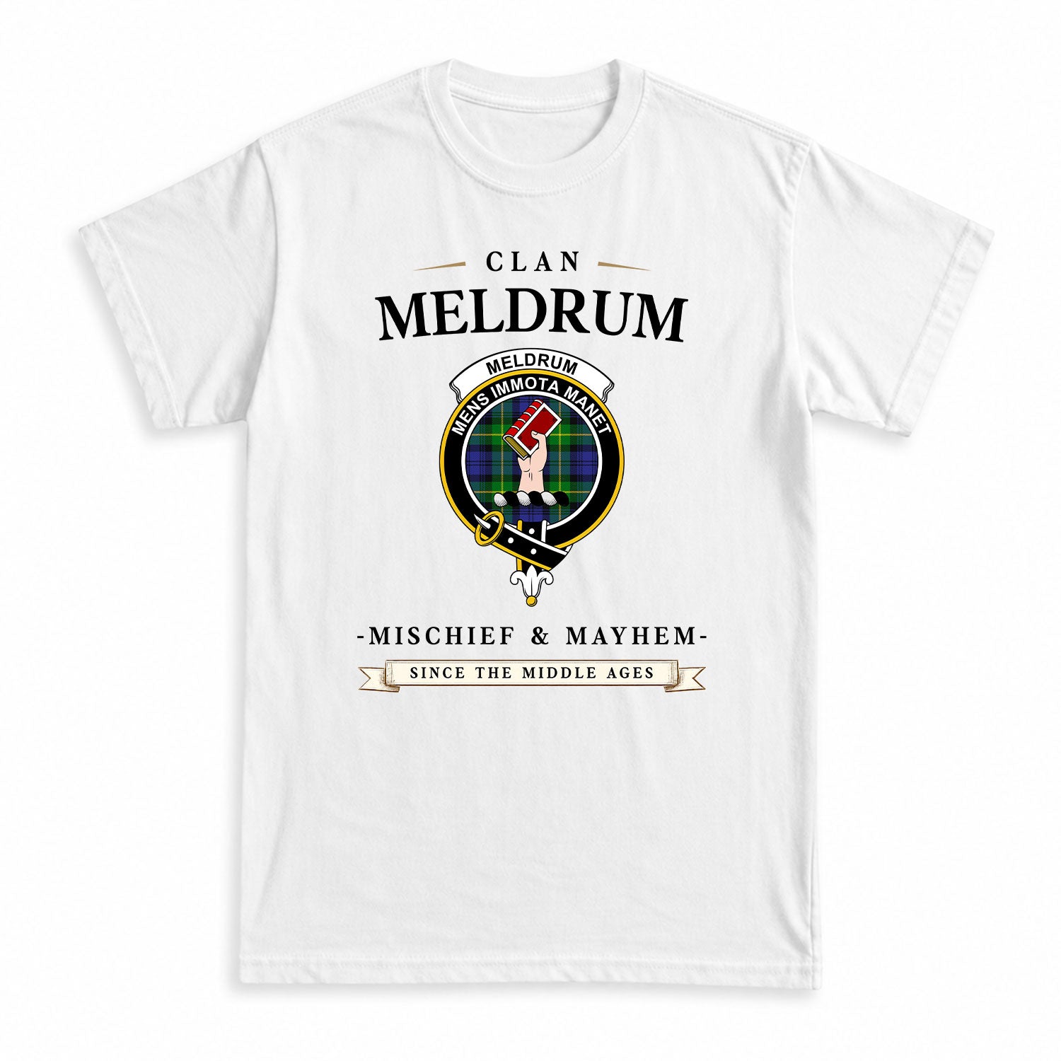 Meldrum Tartan Crest Mischief and Mayhem T-shirt