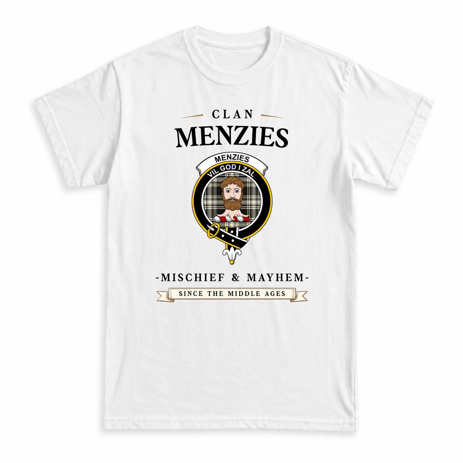 Menzies Black - White Ancient Tartan Crest Mischief and Mayhem T-shirt