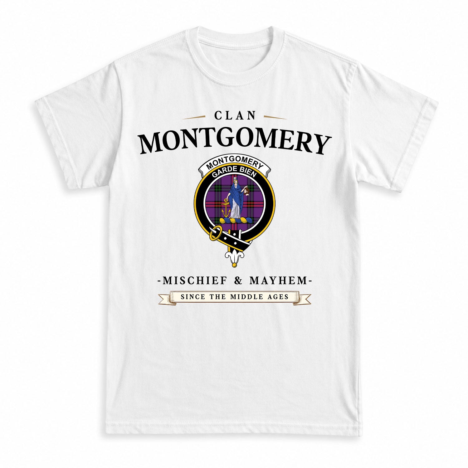 Montgomery Modern Tartan Crest Mischief and Mayhem T-shirt