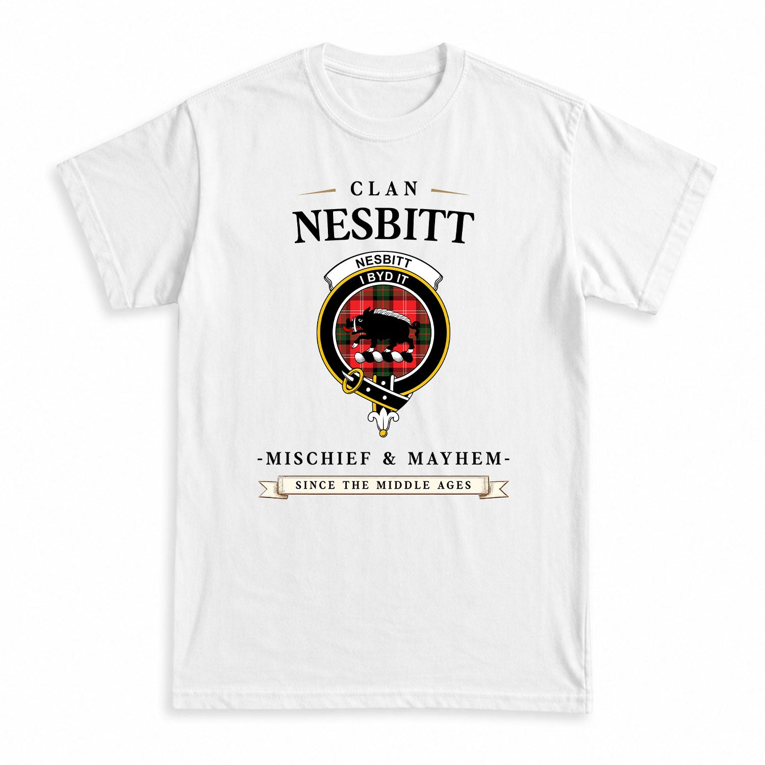 Nesbitt Modern Tartan Crest Mischief and Mayhem T-shirt