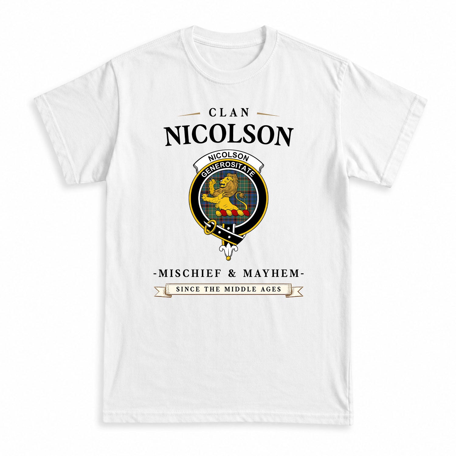 Nicolson Hunting Ancient Tartan Crest Mischief and Mayhem T-shirt