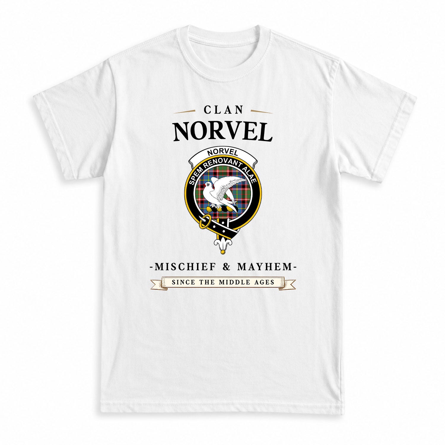 Norvel (or Norvill) Tartan Crest Mischief and Mayhem T-shirt