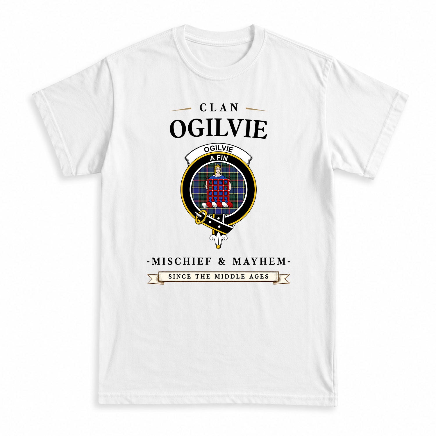 Ogilvie Hunting Modern Tartan Crest Mischief and Mayhem T-shirt