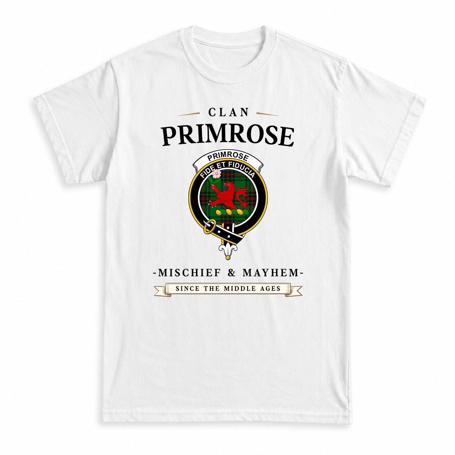 Primrose Tartan Crest Mischief and Mayhem T-shirt