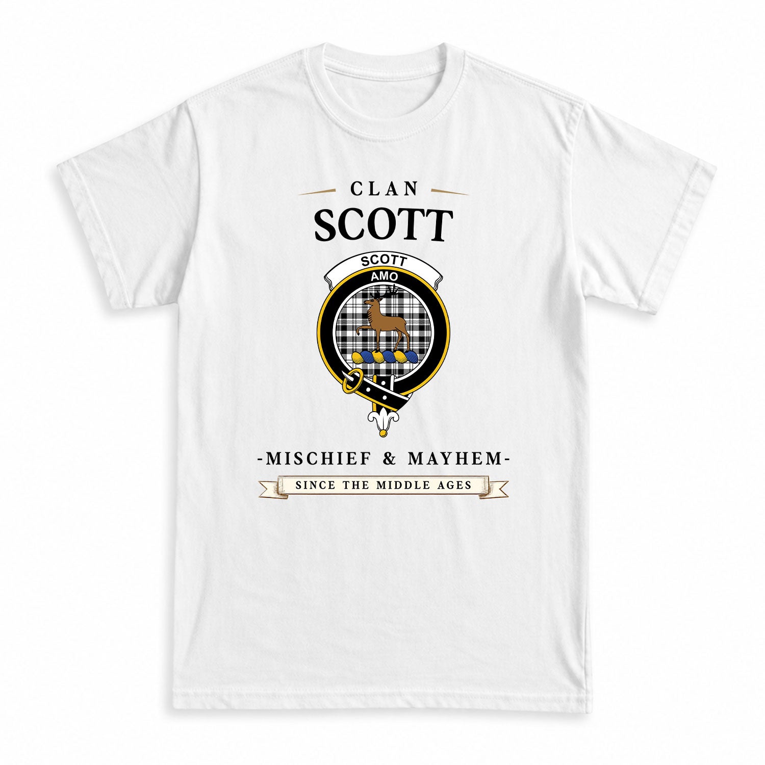 Scott Black & White Modern Tartan Crest Mischief and Mayhem T-shirt