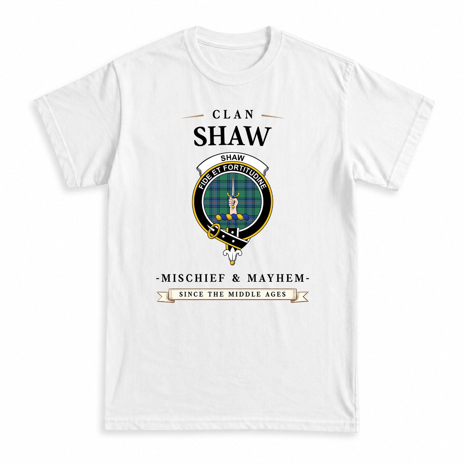 Shaw Ancient Tartan Crest Mischief and Mayhem T-shirt