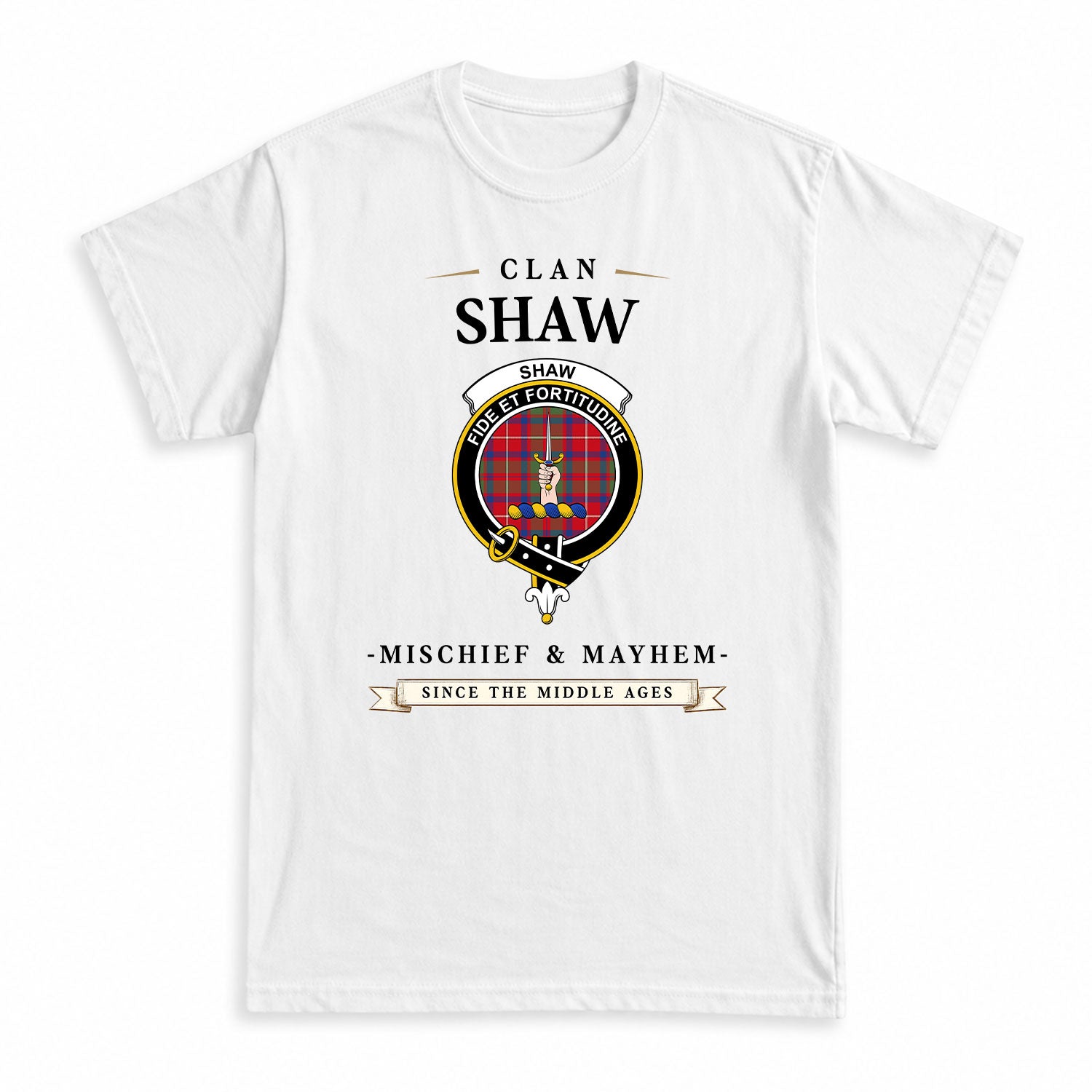 Shaw Red Modern Tartan Crest Mischief and Mayhem T-shirt
