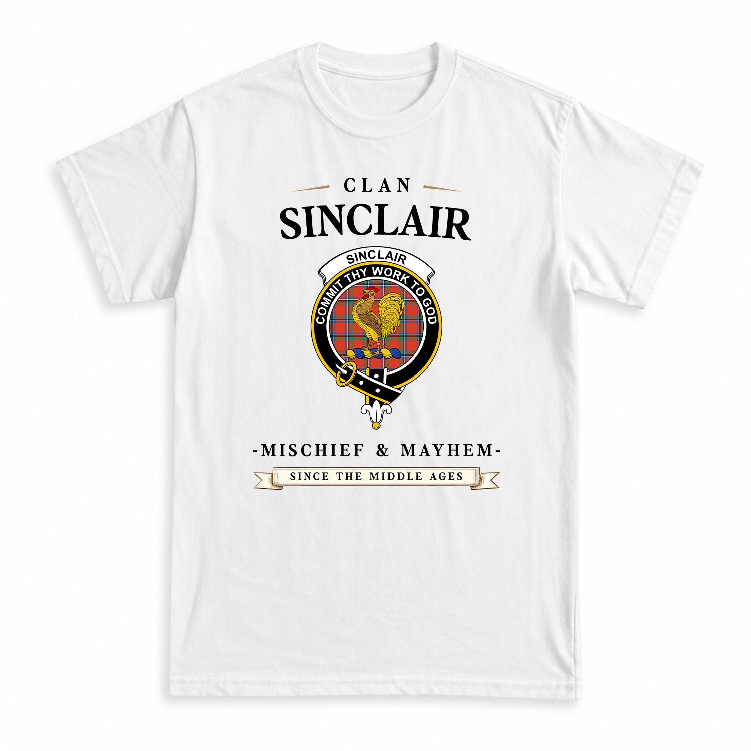Sinclair Ancient Tartan Crest Mischief and Mayhem T-shirt