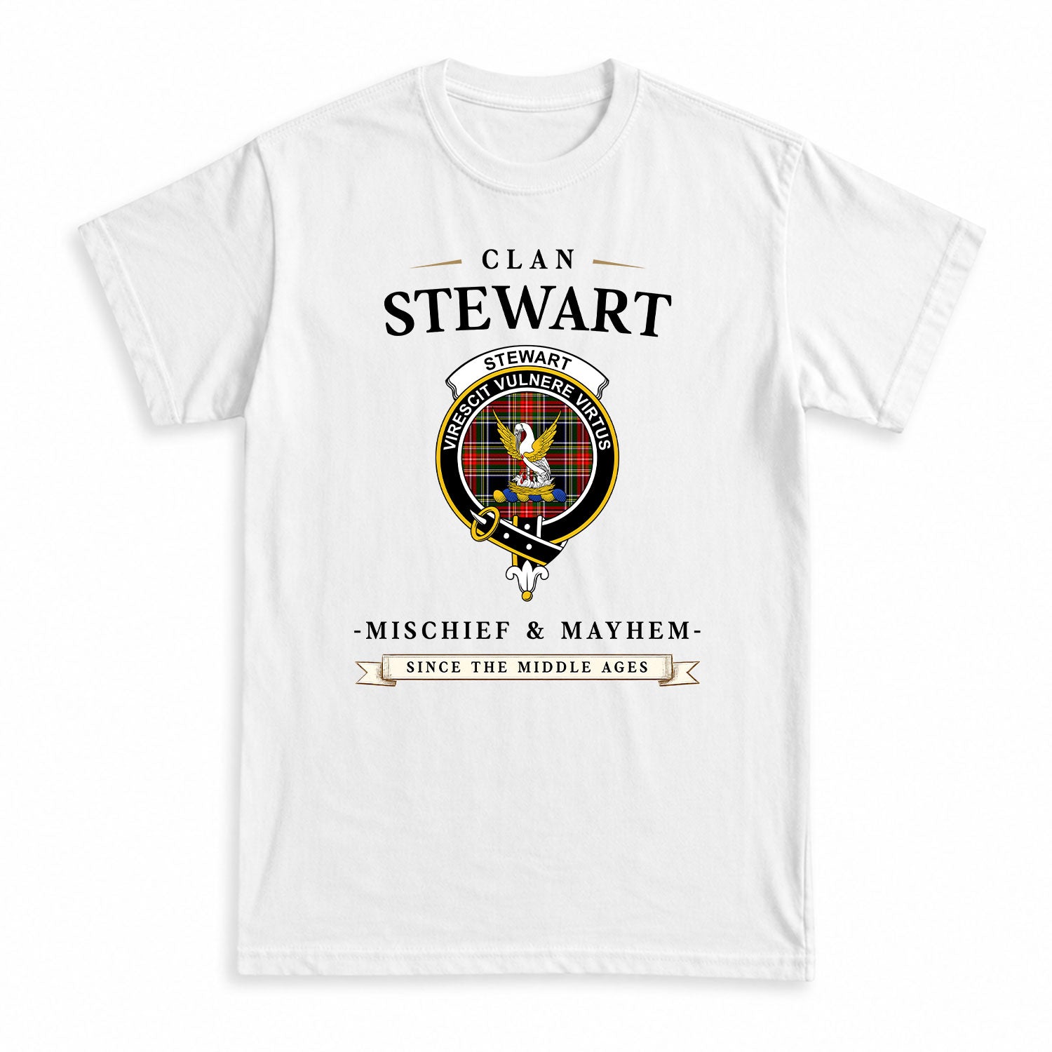 Stewart Black Tartan Crest Mischief and Mayhem T-shirt