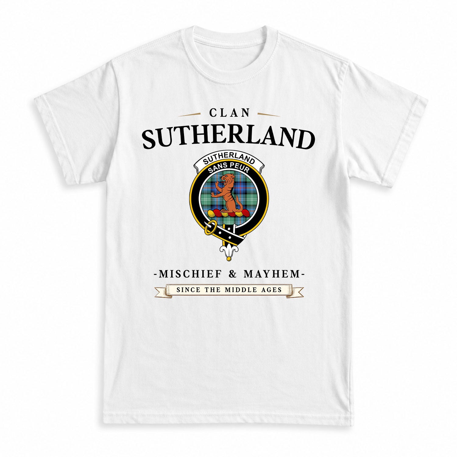 Sutherland Old Ancient Tartan Crest Mischief and Mayhem T-shirt