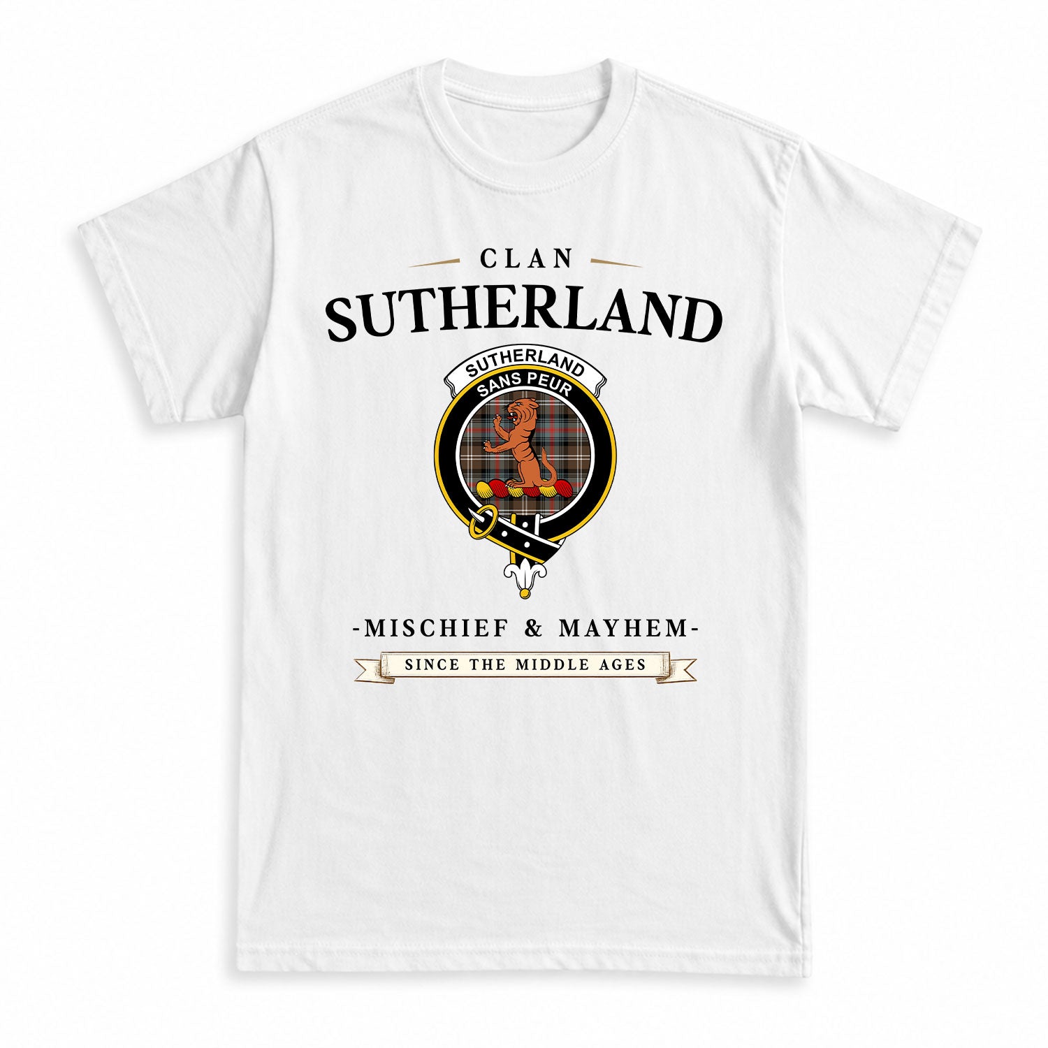 Sutherland Weathered Tartan Crest Mischief and Mayhem T-shirt