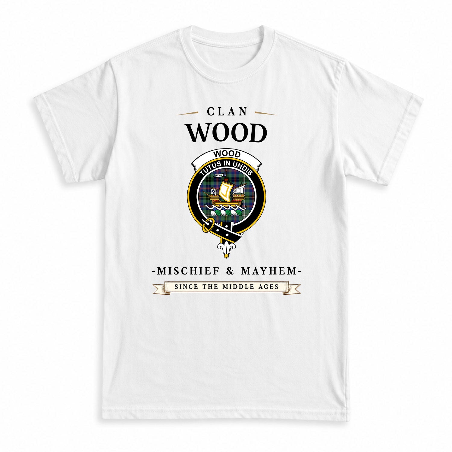 Wood Tartan Crest Mischief and Mayhem T-shirt