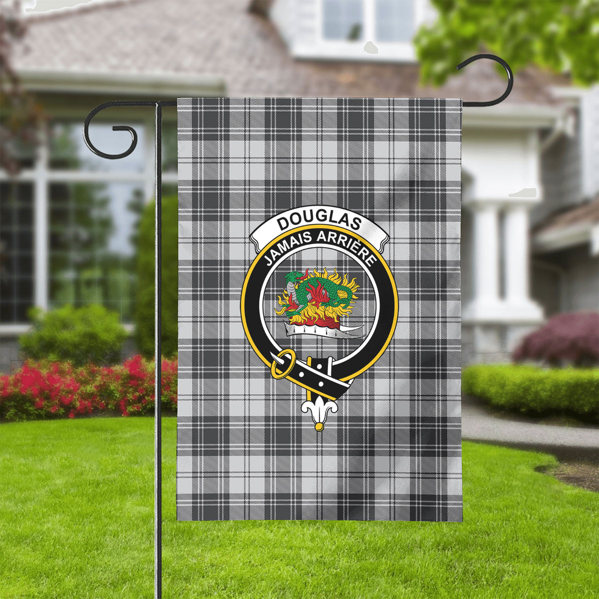 Douglas Grey Modern Tartan Crest Garden Flag
