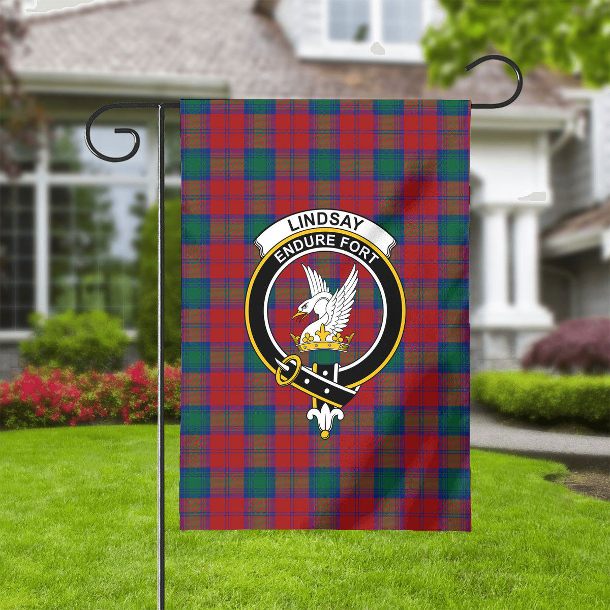 Lindsay Modern Tartan Crest Garden Flag