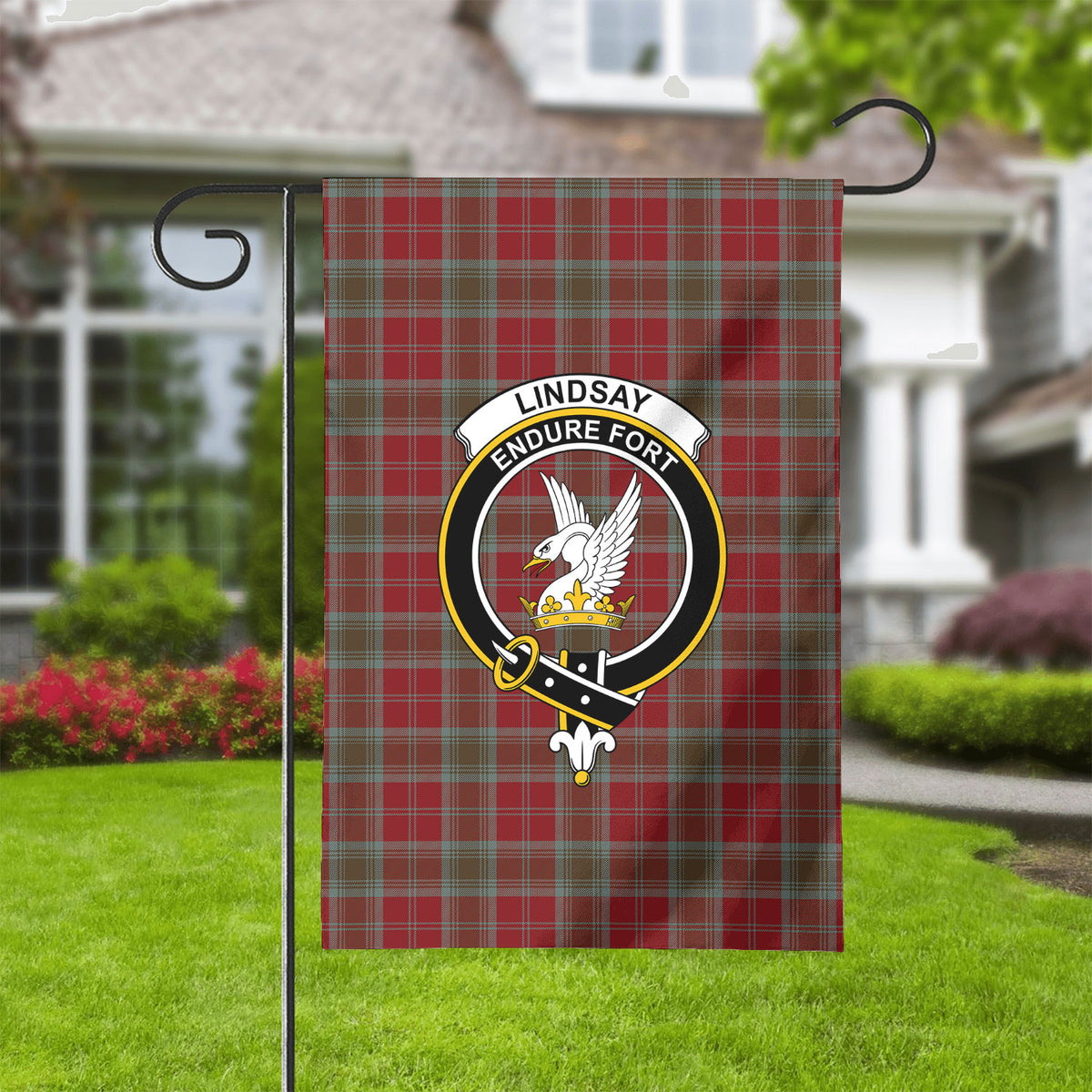Lindsay Weathered Tartan Crest Garden Flag