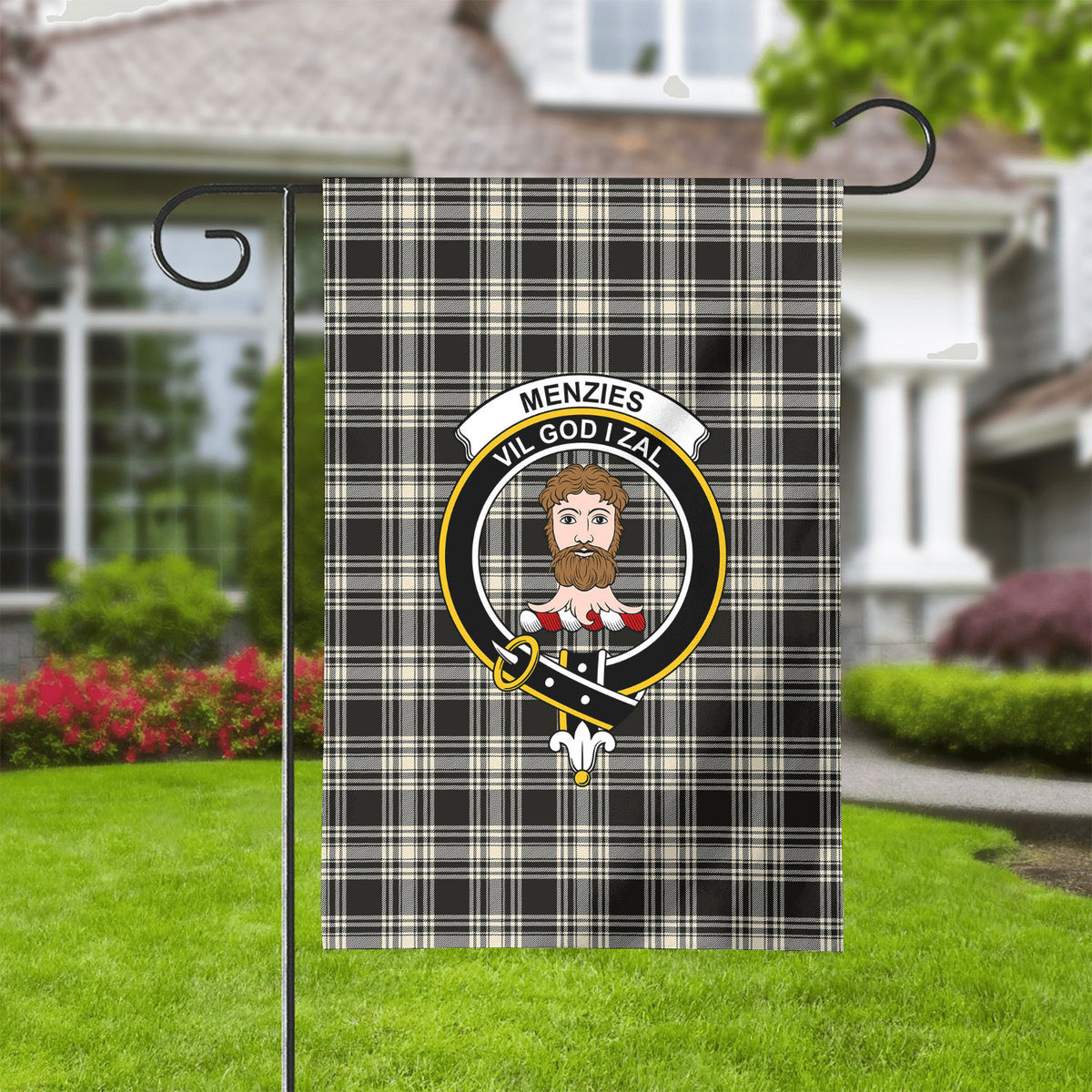 Menzies Black - White Ancient Tartan Crest Garden Flag