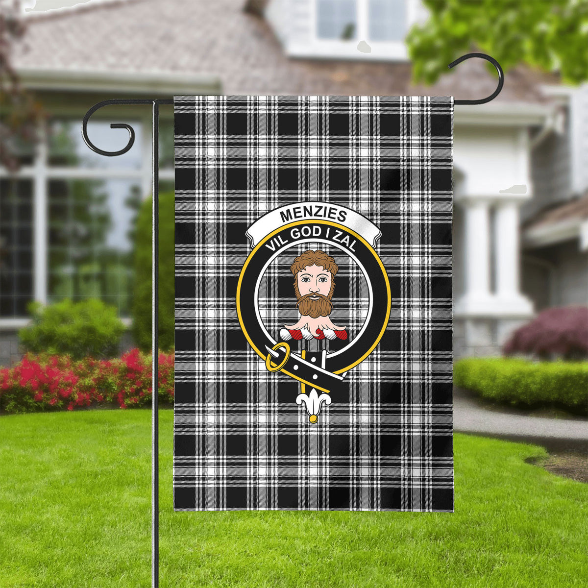 Menzies Black - White Modern Tartan Crest Garden Flag