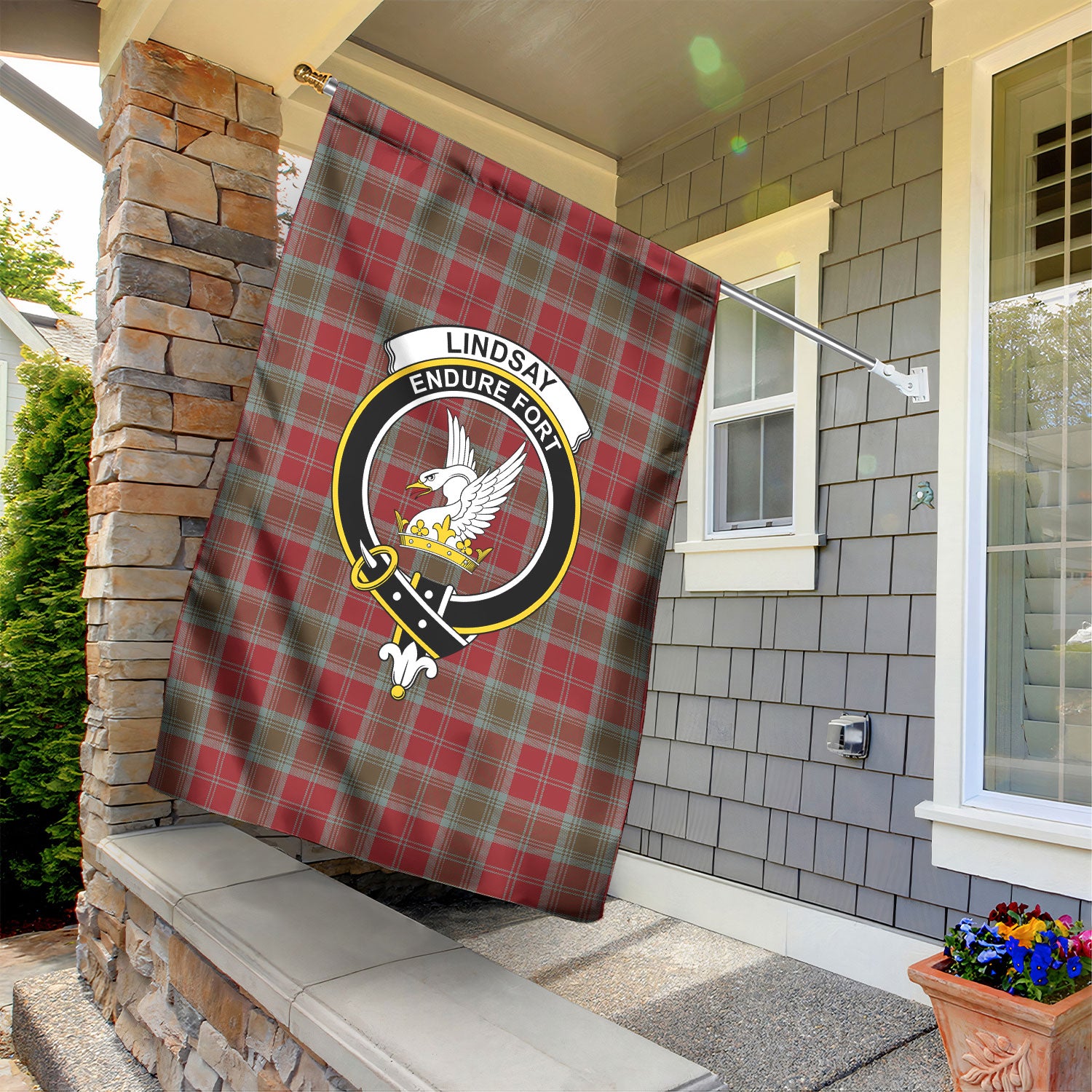 Lindsay Weathered Tartan Crest Garden Flag