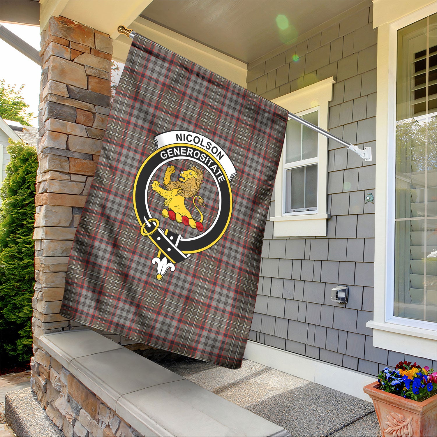 Nicolson Hunting Weathered Tartan Crest Garden Flag