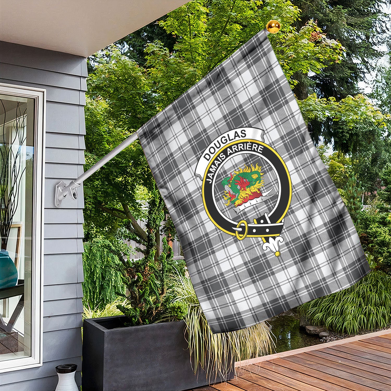 Douglas Grey Modern Tartan Crest Garden Flag