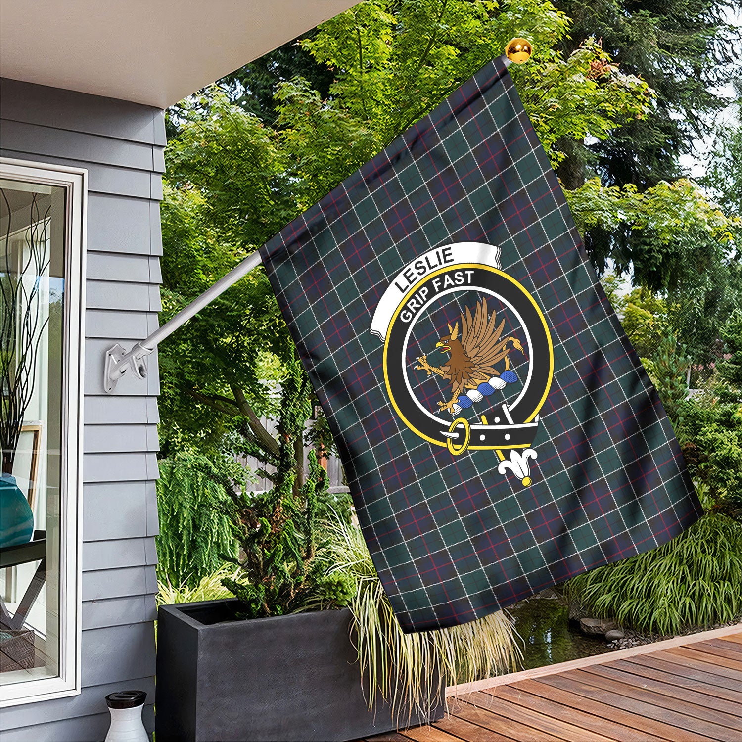 Leslie Hunting Modern Tartan Crest Garden Flag
