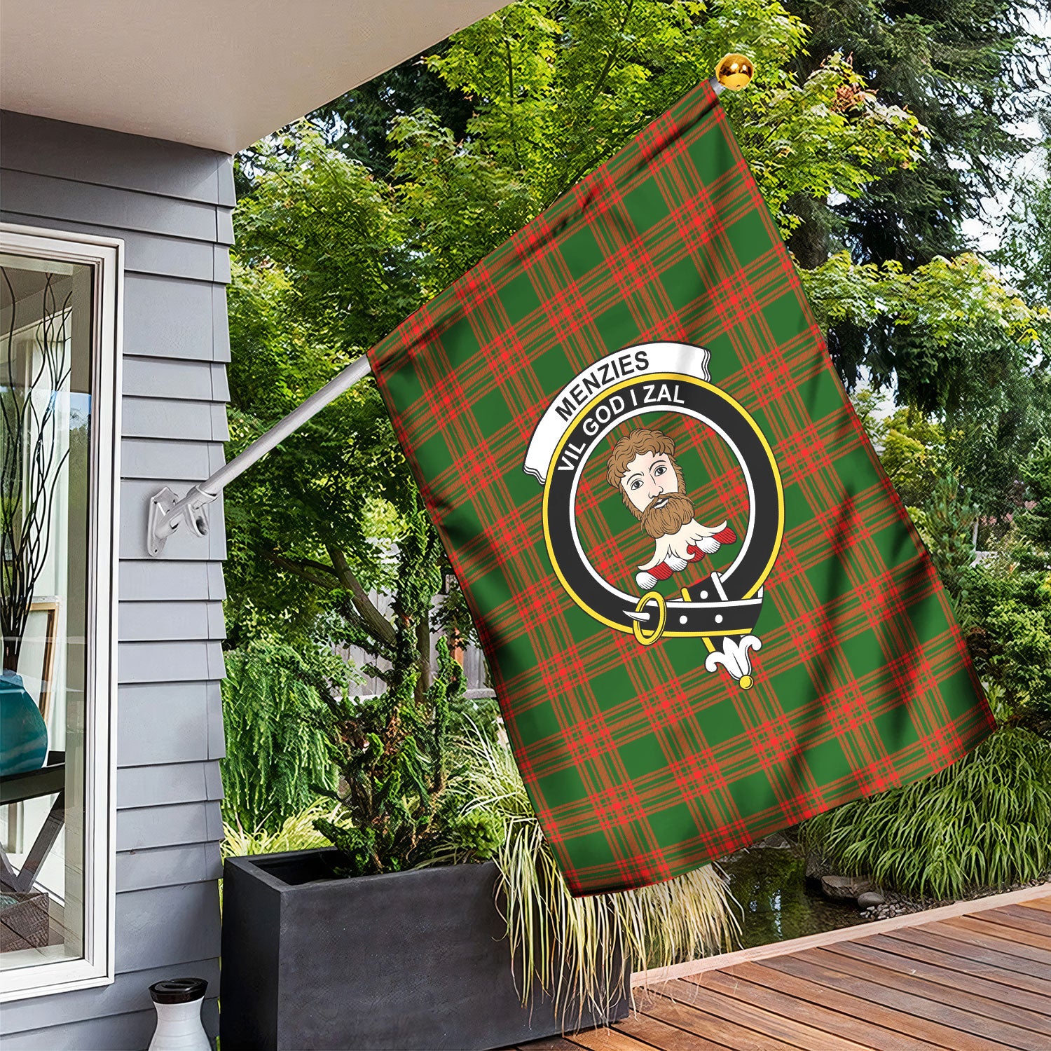 Menzies Green Modern Tartan Crest Garden Flag