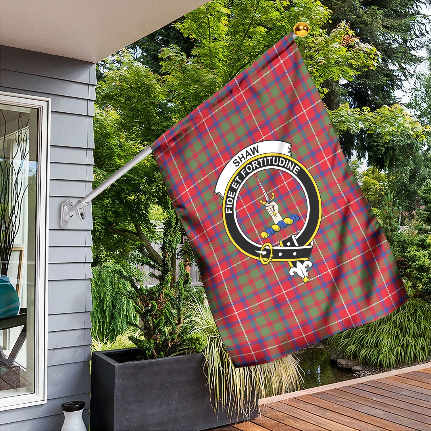 Shaw Red Modern Tartan Crest Garden Flag