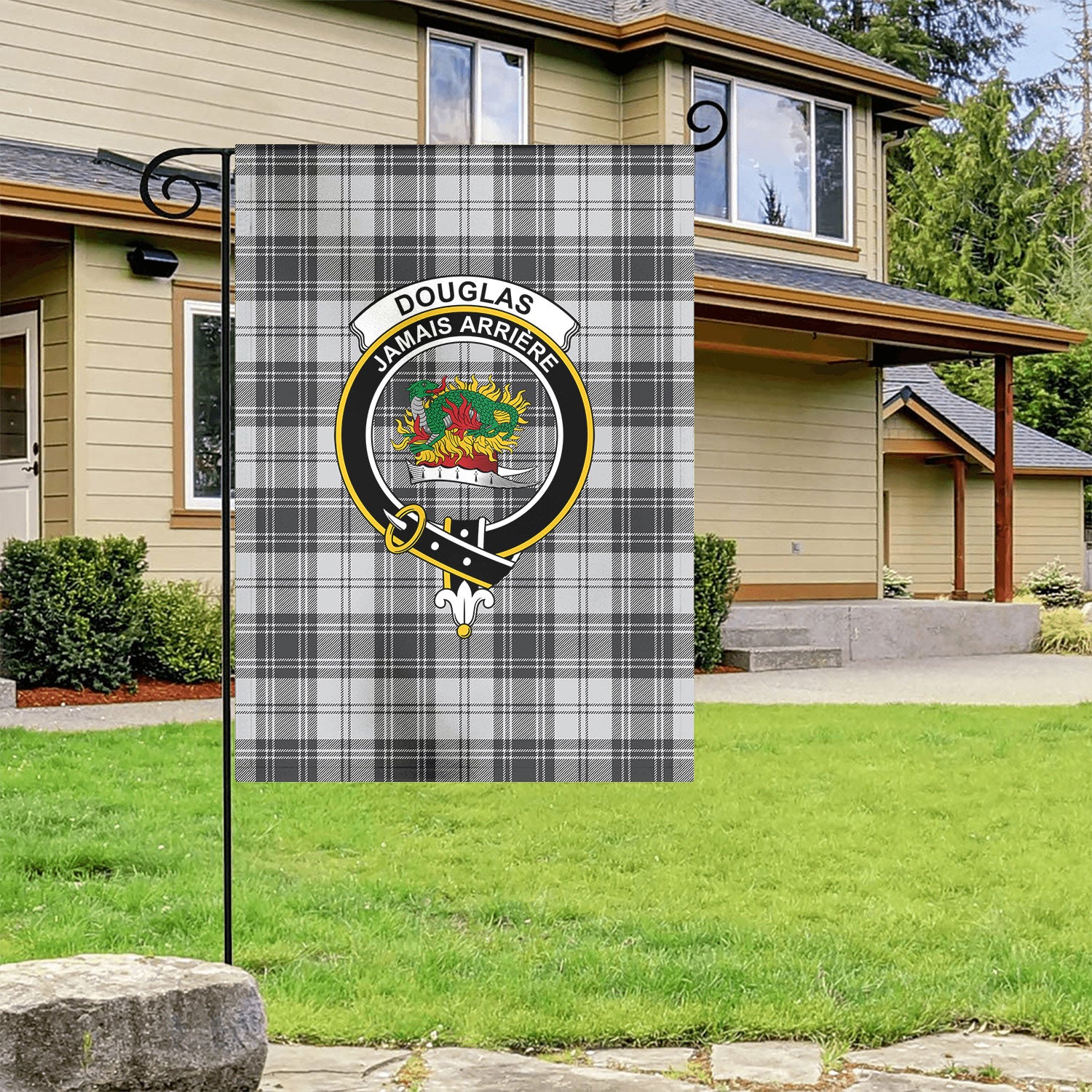 Douglas Grey Modern Tartan Crest Garden Flag