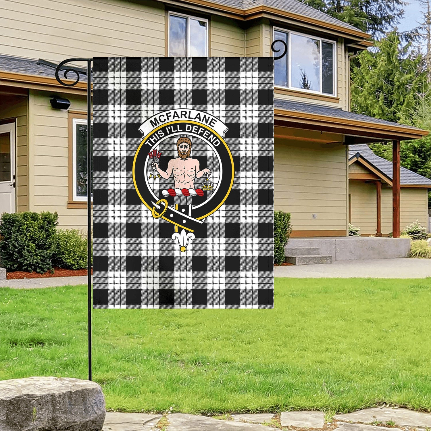 McFarlane Black - White Tartan Crest Garden Flag