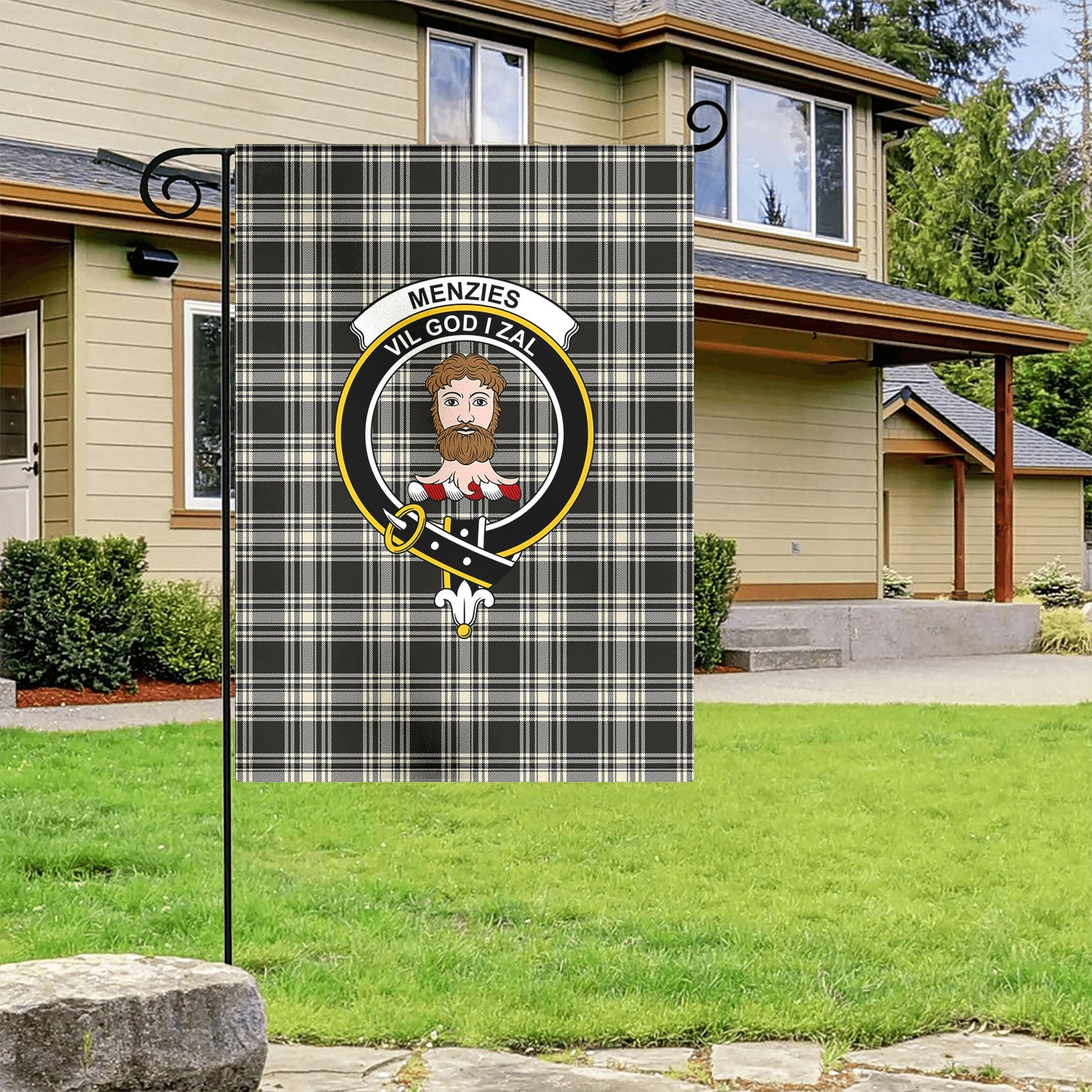 Menzies Black - White Ancient Tartan Crest Garden Flag