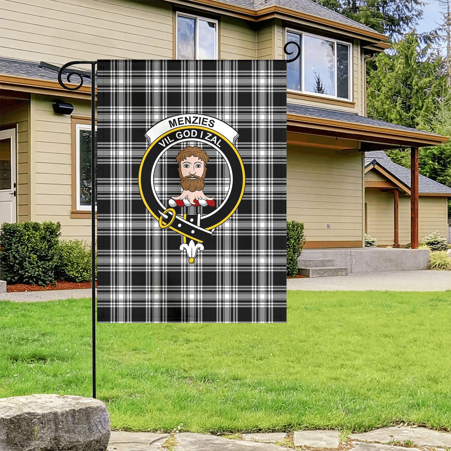Menzies Black - White Modern Tartan Crest Garden Flag