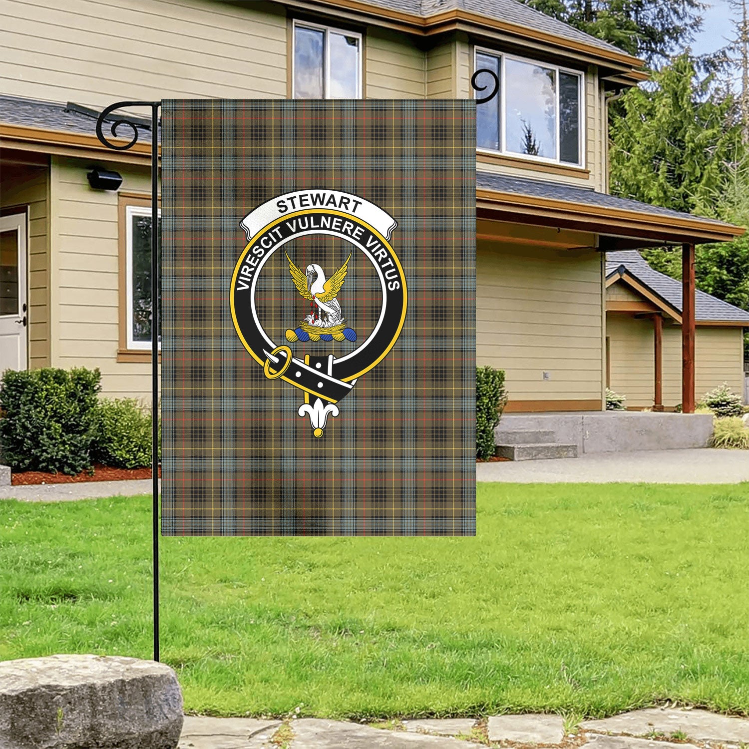 Stewart Hunting Weathered Tartan Crest Garden Flag
