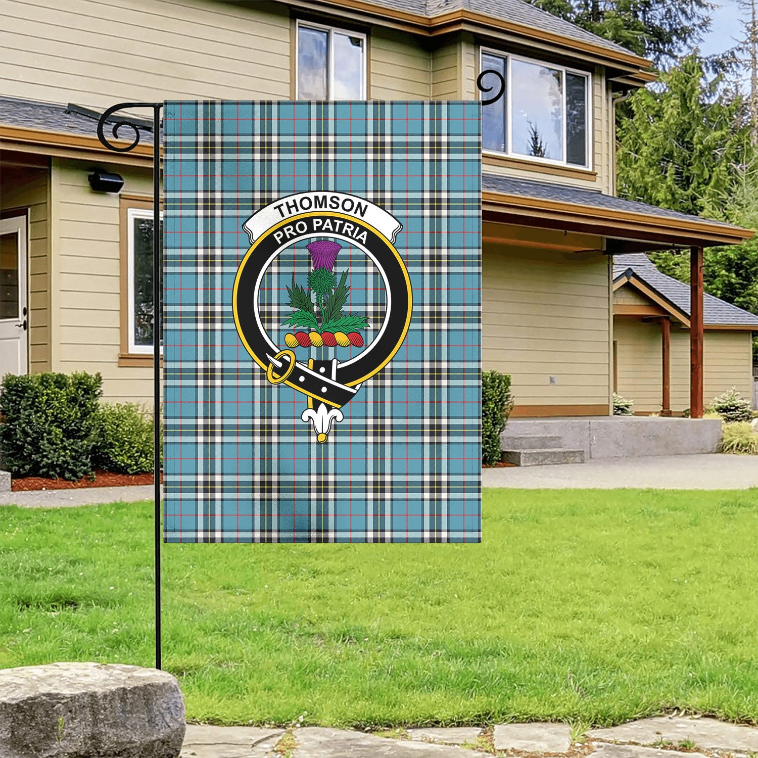 Thomson Blue Tartan Crest Garden Flag